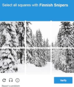 Funny captcha presenting winter forest with task to select all finnish snipers.